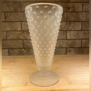 Vintage Indiana Glass Frosted Clear Glass Hobnail Vase 8” x 4”.